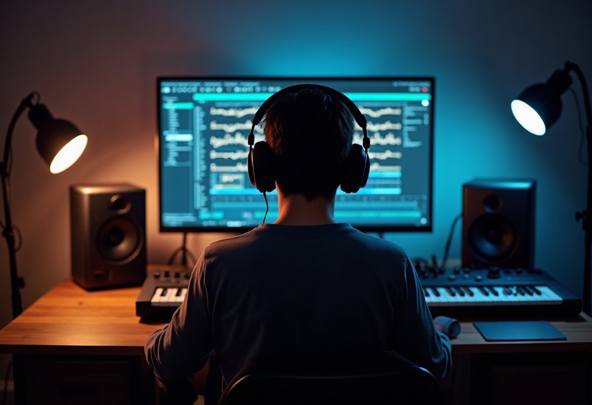 A composer writing music at a studio workstation